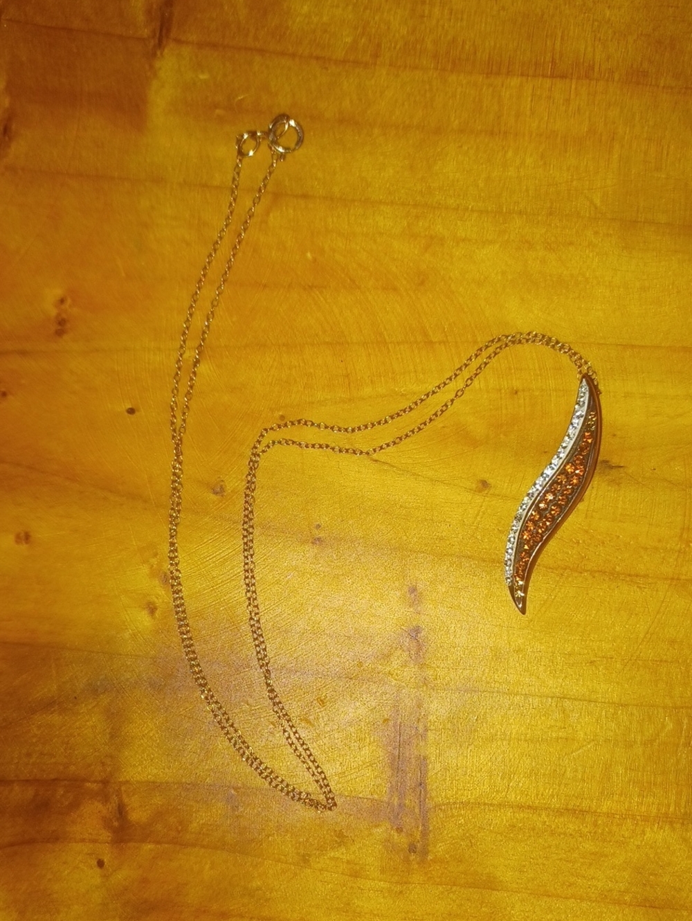Vintage 925 Sterling Silver Amber & Clear Pave Crystal Wave Pendant Necklace